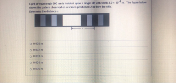 Light of wavelength 600 nm is incident upon a single slit with width 3.0 x 10 m. The figure below shows the pattern observed