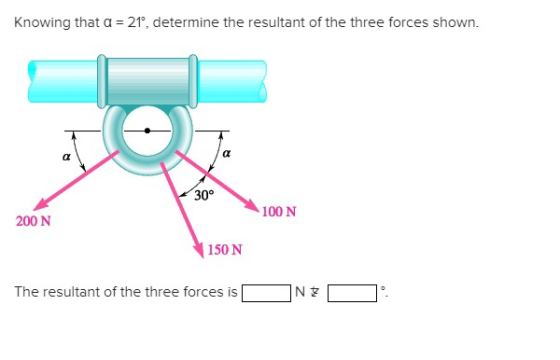 Knowing that a = 21°, determine the resultant of the three forces shown. 100 N 200 N 150 N The resultant of the three forces