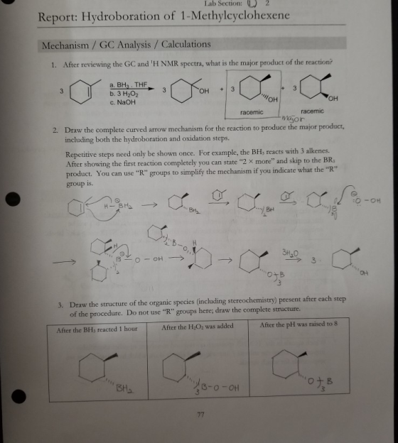 Lab Section: 0 2 Report: Hydroboration of 1-Methylcyclohexene Mechanism / GC Analysis / Calculations 1. After reviewing the G