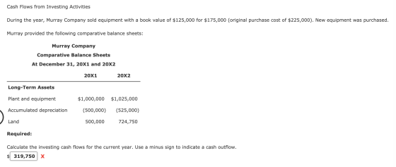 Cash Flows from Investing Activities During the year, Murray Company sold equipment with a book value of $125,000 for $175,00