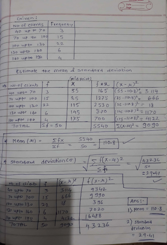 Date Given : No. of clients Freguaeos 3 oo uptu 136 22 130 upto 160 160 upto 190 the mean Stanard dleviatian mid point S 5 8 5 15 2 53 01IS-11O 2 )18 No . of client 165 (55-1,0,3)5114 oo upts 3022 >70 700 |(145-11-8)2-1170 (125-1108广ー4122 145 、 SS4O Mean (1) 4, 3 2 3 Standard devicuhion Co) 29.1 4o upt 70 70 upp 700 | 1.5 too upjo 13 22 9g o 3 36 76 20 Ansal I> Mean.//o :8一 2) Standayd 130 upto 16 o 176 6 488 6 29.4