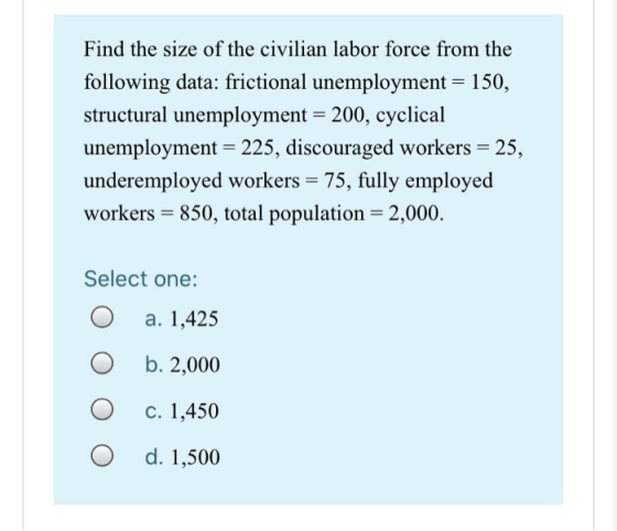 Find the size of the civilian labor force from the following data: frictional unemployment = 150, structural unemployment = 2