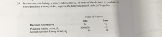 29 In a certain state lottery, a lottery ticket costs $2. In terms of the decision to purchase or not to purchase a lottery ticket, suppose the following payoff table (in S) applies: State of Nature Win Lose Decision Alternative Purchase lottery ticket, d Do not purchase lottery ticket, d 300,000 -2