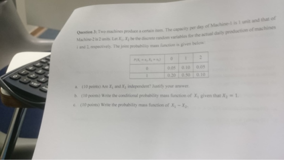 l is I unit and that of Question 3: Two machines produce a certain item. The capacity per day or N Machine-2 is 2 units Let A, , be the discrete random variables for the actual daily production o i and 2, respectively. The joint probubilit y mass function is given below 0.0s o.10 0.0s 0.20 0.50 010 a. (10 points) Are X and X, independent? Justify your answer b. (10 points) Write the conditional probability mass function of Xi given that X2 = 1. (10 points) Write the probability mass function of X-X
