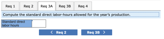 Req 1 Req 2 Req 3A Req 3B Req 4 Compute the standard direct labor-hours allowed for the years production. Standard direct la
