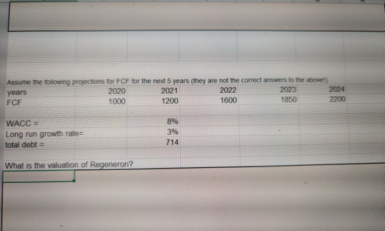 Assume the following projections for FCF for the next 5 years (they are not the correct answers to the above!) years 2020 202