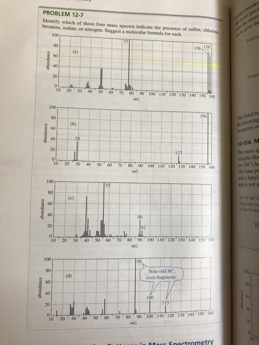 2otten breaks sh ass spec er be mass PROBLEM 12-7 Identify which of these four mass spectra indicate the presence of sulfur,