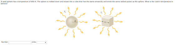 A solid sphere has a temperature of 856 K. The sphere is melted down and recast into a cube that has the same emissivity and