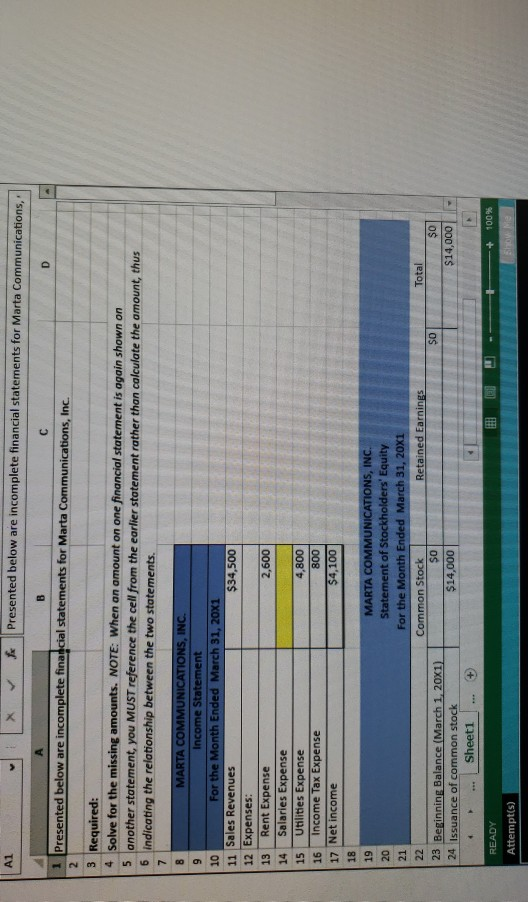 A1 ✓ Presented below are incomplete financial statements for Marta Communications, А B D с 1 Presented below are incomplete f