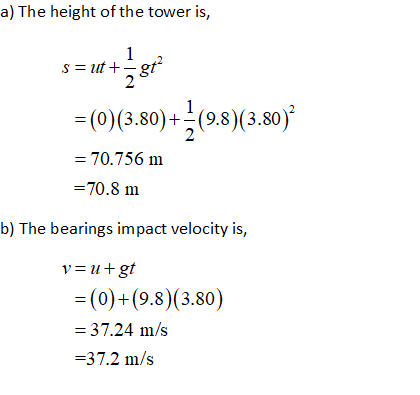a) The height of the tower is, (0) (3.80)+9.8)(3.80) 70.756 m -70.8 m b) The bearings i (0) 9.8) (3.80) 37.24 m/s 37.2 m/s