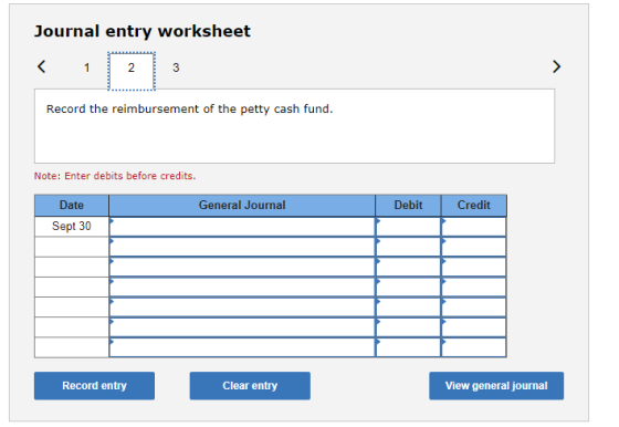Journal entry worksheet < 1 N 3 3 > Record the reimbursement of the petty cash fund. Note: Enter debits before credits. Gener