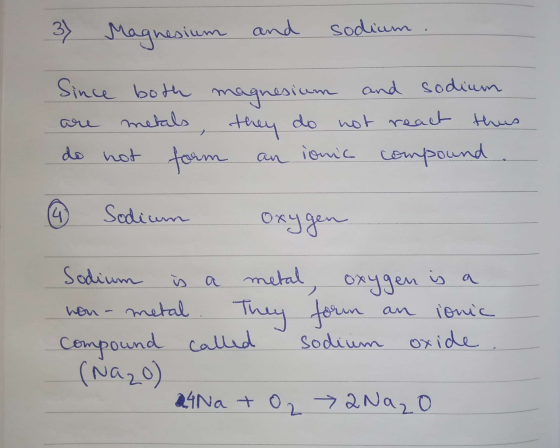 37 Magnesium and sodium. madarama Since both magnesium and sodium are metals, they do not react this do not form an ionic com
