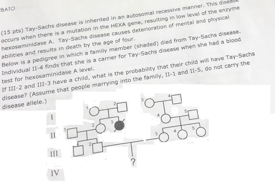 BATO manner. This diseaSe is inherited in an autosomal recessive (15 pts) Tay-Sachs disease is a mutation in the HEXA gene, r