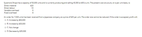 Sycamore Shops has a capacity of 50,000 units and is currently producing and selling 45,000 at $50 a unit. The present cost s