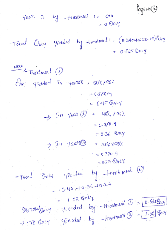 Page No Year 3 by treatment i= Oxo o @aly. Total Qaly yielded by treatment 1 - (0.37510:15-+0) Qay = 0.625 QALY Now - Treatme