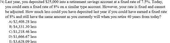 74) Last year, you deposited $25,000 into a retirement savings account at a fixed rate of 7.5%. Today, you could earn a fixed