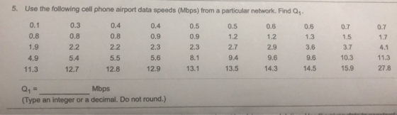 5. Use the following cell phone airport data speeds (Mbps) from a particular network. Find Qy. 0.4 0.1 0.8 0.3 0.8 0.4 0.9 2.