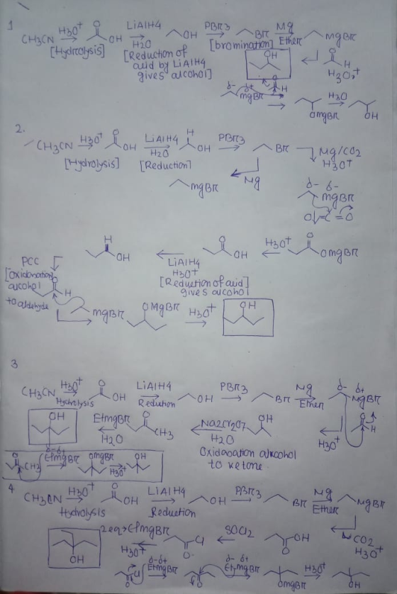 H&O LIAIH4 CH CN PBEЪ 1 BrC [bromination Ethere CReducton of gives alcohoi] CHydraysis H305t H H20 2. PBre Br Mg/ca2 H30T OH