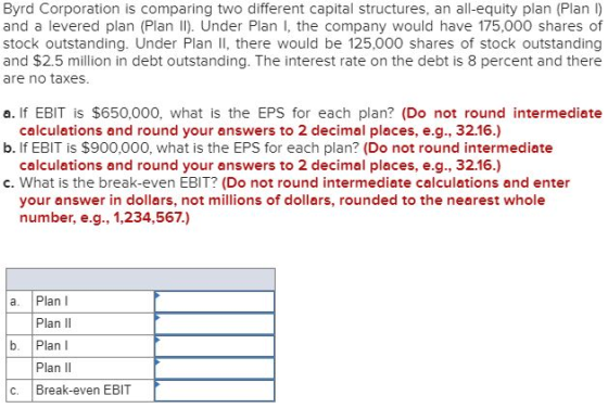 Byrd Corporation is comparing two different capital structures, an all-equity plan (Plan ) and a levered plan (Plan Il). Unde