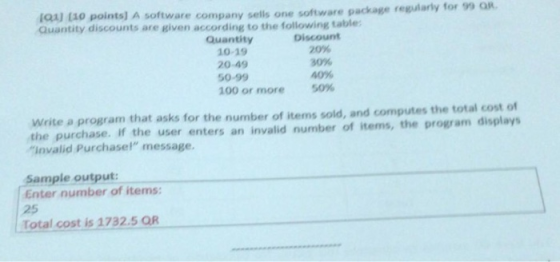 Q4 130 Quantity discounts are given according to the following table O points) A software company sells one software package