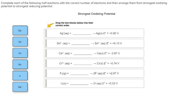 Complete each of the following half-reactions with the correct number of electrons and then arrange them from strongest oxidi