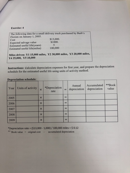 Exercise: 4 The following data for a small delivery truck purchased by Barbs Florists on January 1, 2005. Cost $13,000 Expec