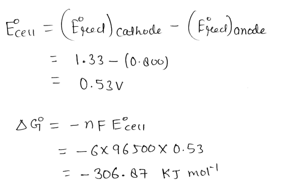 Eceu = (Eigend) cathode - (fjeech) anede = 1.33 – 10.000) = 0.53 V O G = - NF E cell = -6X 96500 X 0.53 - = -306.87 KJ molt