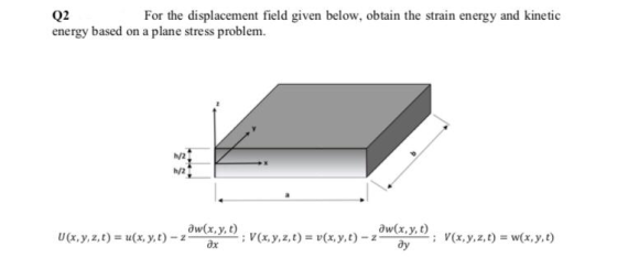 Q2 For the displacement field given below, obtain the strain energy and kinetic energy based on a plane stress problem. Ow(x,