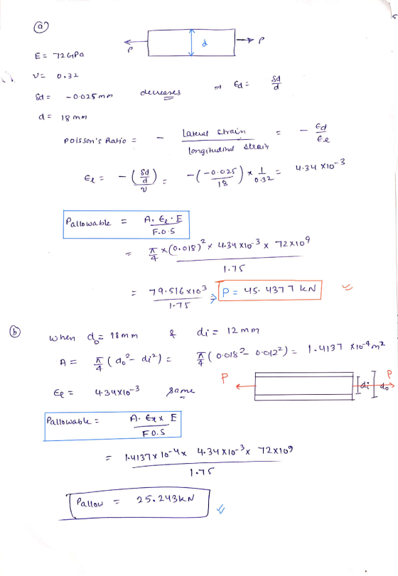 5 a d E = 72 GPO V 0.32 Sa Ed Sd = -0.025mm decreases ds 18 mm Lateral strain Ed te Poissons Ratio - longitudinal strain 3 1