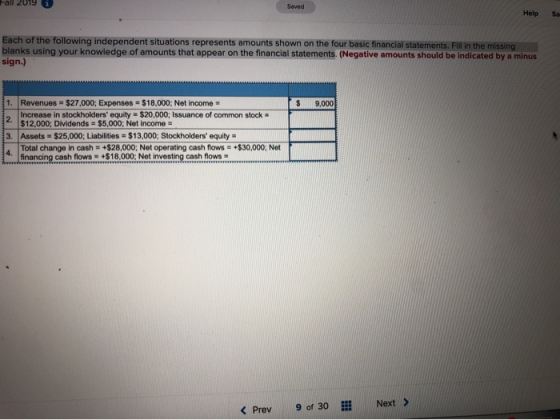 rall 2019 O Seved Help Each of the following independent situations represents amounts shown on the four basic financial stat