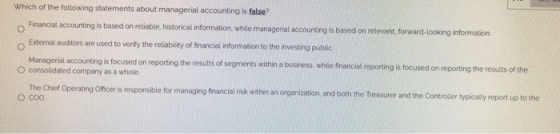 Which of the following statements about managerial accounting is false? Financial accounting is based on reliable, historical