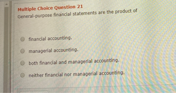 Multiple Choice Question 21 General-purpose financial statements are the product of Os financial accounting. O managerial acc