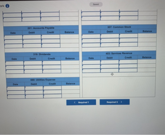 ork S 201: Accounts Payable Debit Credit 307: Common Stock Debit Credit Date Balance Date Balance 319: Dividends Debit Credit