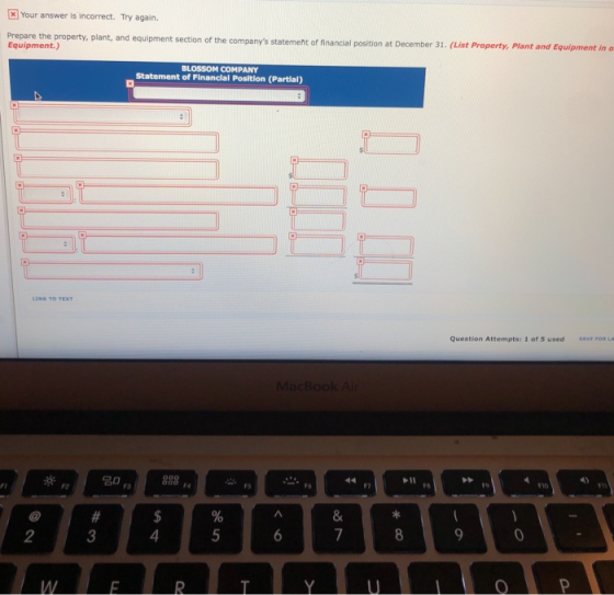 x Your answer is incorrect. Try again. Prepare the property, plant, and equipment section of the companys statement of finan