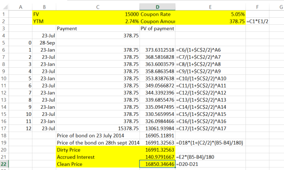 А в FV 15000 Coupon Rate 5.05% YTM 2.74% Coupon Amour 378.75 =C1*E1/2 Payment PV of payment 23-Jul 378.75 28-Sep 23-Jan 378.7