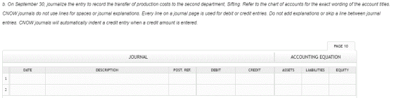 b. On September 30, journalize the entry to record the transfer of production costs to the second department, Sifting. Refer