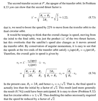 The second transfer occurs at P, the apogee of the transfer orbit. In Problem 8.33 you can show that the second thrust facto