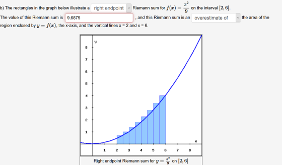 = x2 b) The rectangles in the graph below illustrate a right endpoint Riemann sum for f(a) on the interval (2,6]. 9 The value