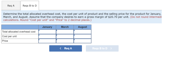 Reg A Reqs B to D Determine the total allocated overhead cost, the cost per unit of product and the selling price for the pro