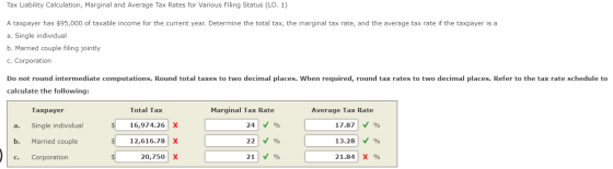 Tax Liability Calculation, Marginal and Average Tax Rates for Various Filing Status (LO. 1) A taxpayer has $95,000 of taxable