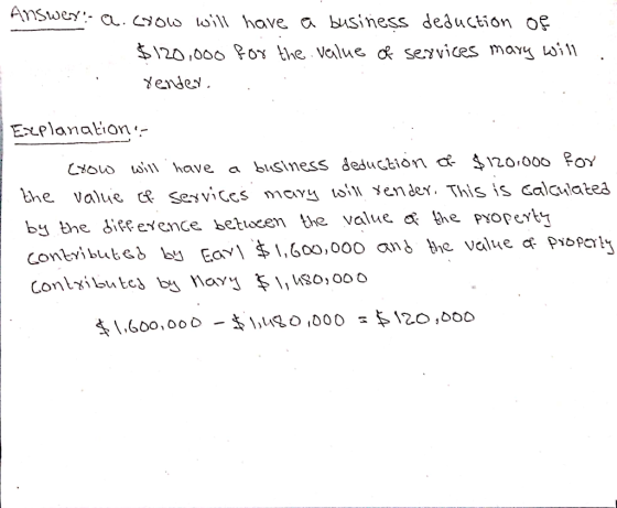 Answer- a.crow will have a business deduction of $120,000 for the value of services mary will .. vender. 1 Explanations crow