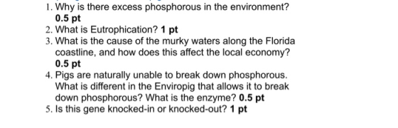 1. Why is there excess phosphorous in the environment? 0.5 pt 2. What is Eutrophication? 1 pt 3. What is the cause of the mur