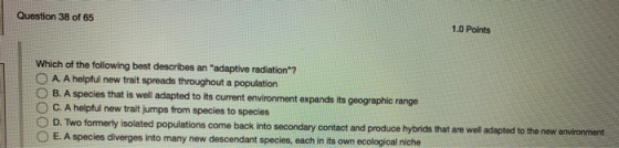 Question 38 of 65 1.0 Points Which of the following best describes an adaptive radiation? A. A helpful new trait spreads th