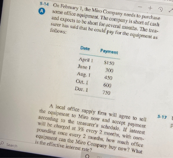 5-14 On February 1, the Miro Company needs to purchase some office equipment. The company is short of cash and expects to be