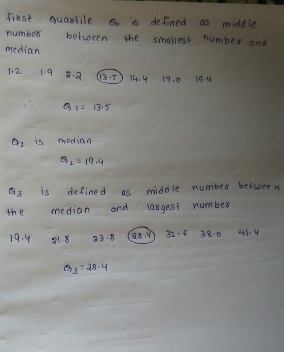 fisst euaxtile is de fined as midd le mumbes between the smal)est number and median 12 41.0 19.4 S 13.5 S2 is median 92 19.4 9,3 is define d as middle numbeo betwee n me dian and lagest numbex 1.8 23.8 (a 3 . 384 V