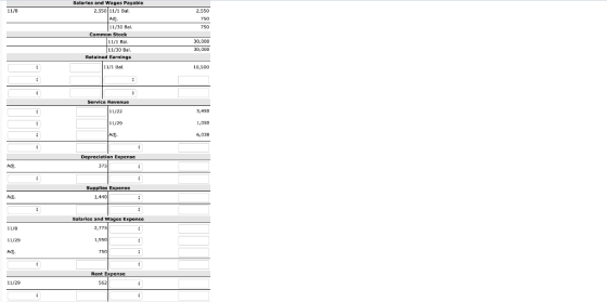 Salaries and Wages Payable 2.550l111 Bal 2.550 750 Ad 750 11/30 Bal. Common Stock 11/1 Bal. 11/30 Bal. Retained Earnings 30,0