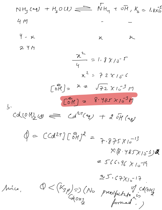 NH₃ Canl + H₂O(l) NHy tore, ky a lexis 4 m 4- x n 2 Ч М 23 R 1.8x10-5 4 n²=72815-6 [ope] = x2 2 b . (72x103M Core 8.4858 103M