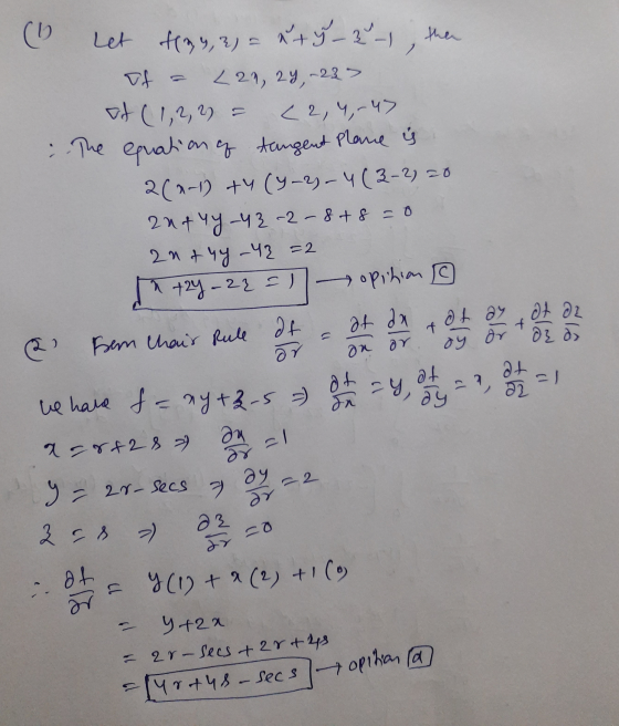 (1) 2 2 Let (34,2)= ut 5-3-1, then of 221, 22, 23 > (1,2,3) 2 22 , Ч, Ч7 The equation of tangent Plane is 3(1-1) +y (9-2) – ч