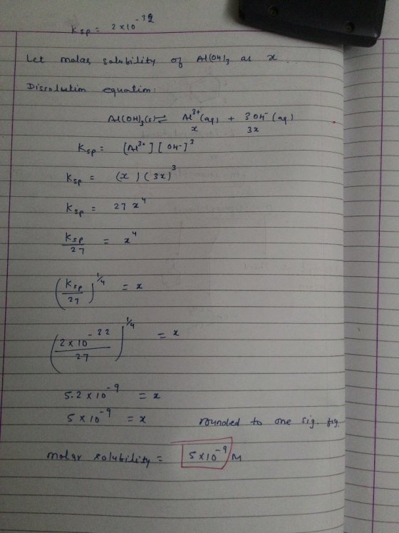 39 2x10 Let molas solubility of AllOnly as a Dissolutim egnatim: 32 ALCOH (s! Alst cap, + 30t (as) Ksp : (A1²] [OH-73 kap = (