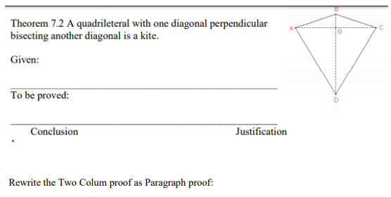 Theorem 7.2 A quadrileteral with one diagonal perpendicular bisecting another diagonal is a kite. Given: To be proved: Conclu